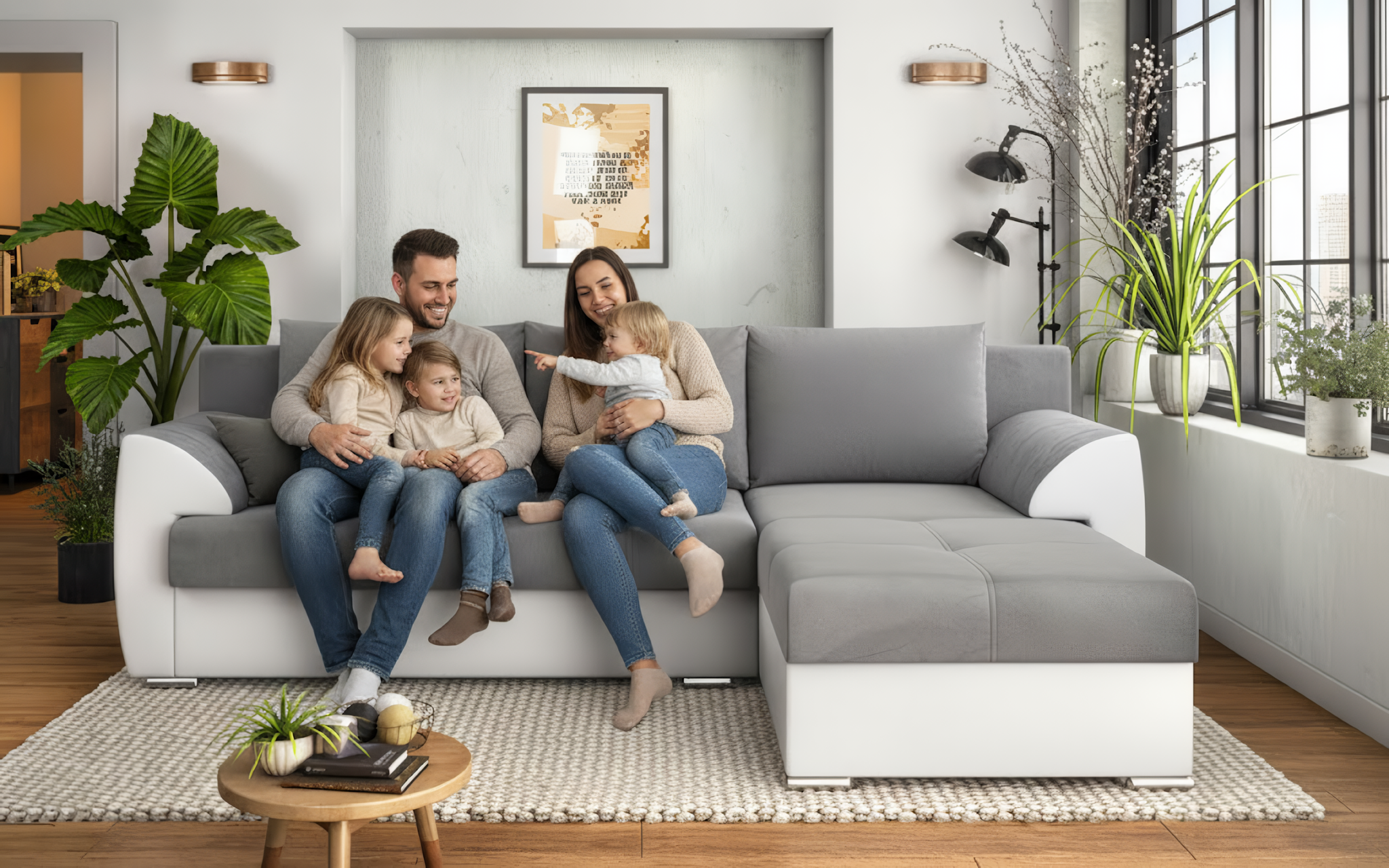 Coltar extensibil Deman, gri + piele alba  3